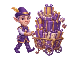 The elf pushing a cart piled high with presents