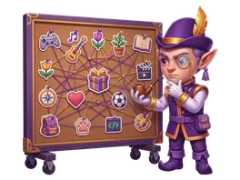 The elf pinning notes about people to a board