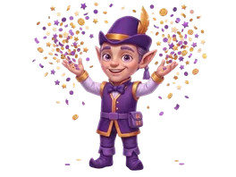 The elf celebrating in a shower of confetti